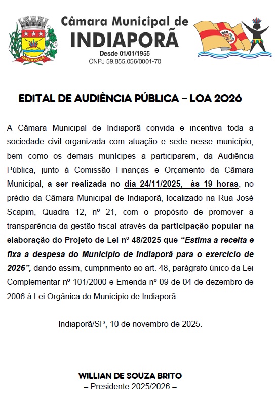 Audiência pública para participação popular na elaboração do projeto de lei do Orçamento 2026 